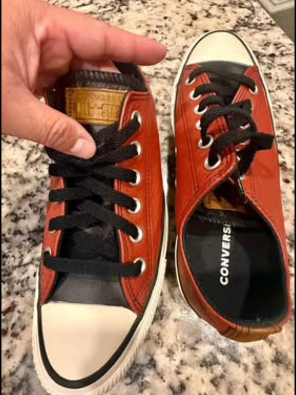 Like *NEW* Custom created young men’s 5 1/2 Converse leather low top maroon/blk